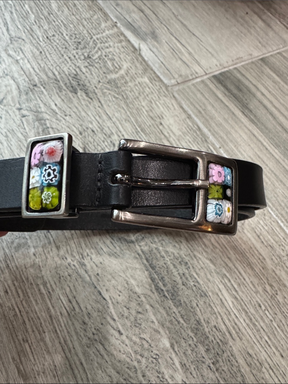 Black vintage Italian Leather Belt with Millefiori glass Accent. MCW New York.
